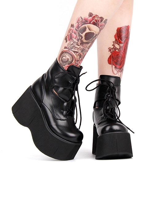 Gothic Punk Cool Stylish Daily Street Black Laces Thick Bottom Wedge Heels Lolita Short Boots