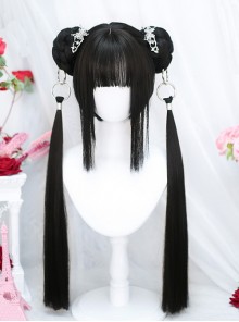 Silent Series Cute Chinese Style Girl Buttoned Double Ponytail Black Straight Hair Sweet Lolita Full Head Wigs