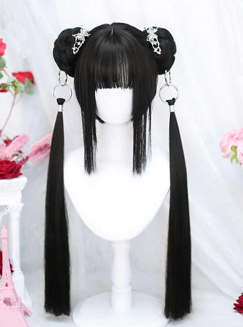 Silent Series Cute Chinese Style Girl Buttoned Double Ponytail Black Straight Hair Sweet Lolita Full Head Wigs