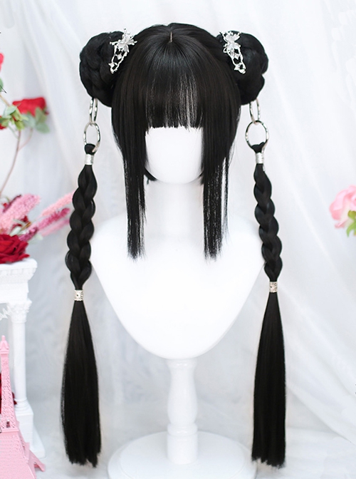 Silent Series Cute Chinese Style Girl Buttoned Double Ponytail Black Straight Hair Sweet Lolita Full Head Wigs