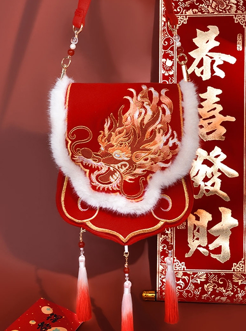 Red Beard Series Chinese Style Happy New Year Red Chinese Dragon Embroidery Classic Lolita Hanfu Elegant Bags