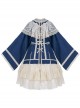 Waterside Orchids Series Classic Lolita Lace Shawl Collar Gorgeous Deep Blue Long Sleeves Hanfu Lace Skirt Two Piece Set