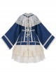 Waterside Orchids Series Classic Lolita Lace Shawl Collar Gorgeous Deep Blue Long Sleeves Hanfu Lace Skirt Two Piece Set
