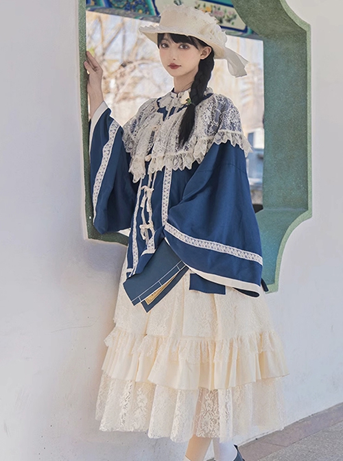 Waterside Orchids Series Classic Lolita Lace Shawl Collar Gorgeous Deep Blue Long Sleeves Hanfu Lace Skirt Two Piece Set