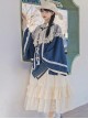 Waterside Orchids Series Classic Lolita Lace Shawl Collar Gorgeous Deep Blue Long Sleeves Hanfu Lace Skirt Two Piece Set