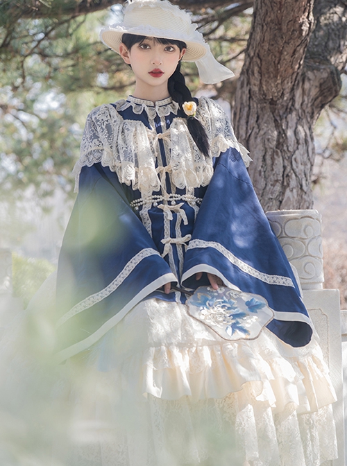 Waterside Orchids Series Classic Lolita Lace Shawl Collar Gorgeous Deep Blue Long Sleeves Hanfu Lace Skirt Two Piece Set