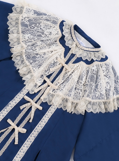 Waterside Orchids Series Classic Lolita Lace Shawl Collar Gorgeous Deep Blue Long Sleeves Hanfu Lace Skirt Two Piece Set