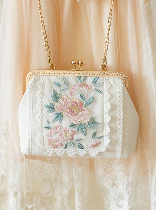 White Peony Series Retro Flowers Green Leaves Embroidery Elegant Classic Lolita Hanfu Crossbody Handbag