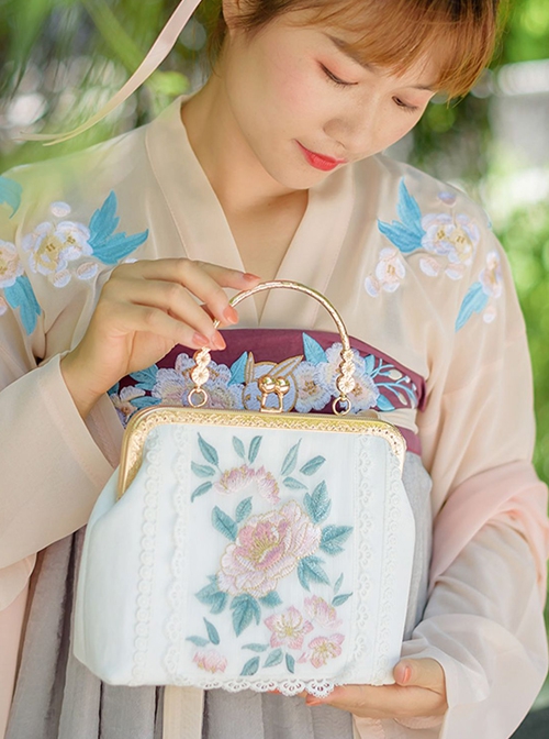 White Peony Series Retro Flowers Green Leaves Embroidery Elegant Classic Lolita Hanfu Crossbody Handbag