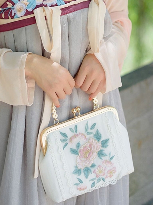 White Peony Series Retro Flowers Green Leaves Embroidery Elegant Classic Lolita Hanfu Crossbody Handbag