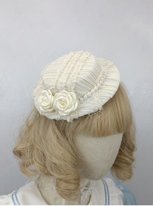 Elegant Vintage Apricot Rose French Noble Lady Hair Accessory Lace Mesh Pearl Texture Classic Lolita Hat