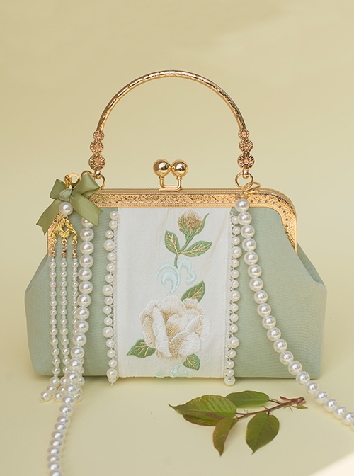 Fresh Green Plant Exquisite Elegant Suede Chinese Style Cheongsam Double Sides Pearl Embroidery Crossbody Handbag