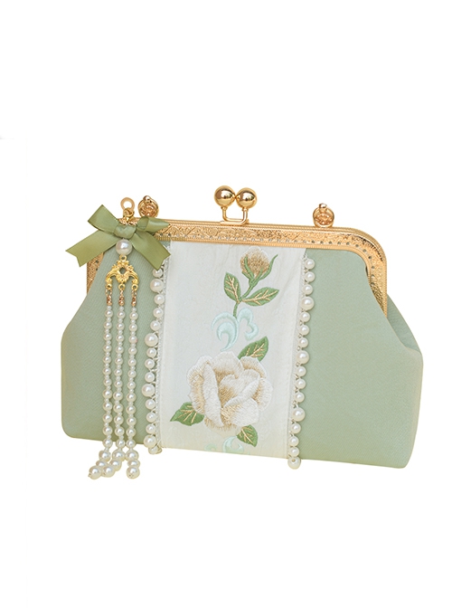 Fresh Green Plant Exquisite Elegant Suede Chinese Style Cheongsam Double Sides Pearl Embroidery Crossbody Handbag