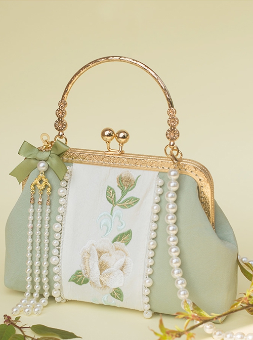 Fresh Green Plant Exquisite Elegant Suede Chinese Style Cheongsam Double Sides Pearl Embroidery Crossbody Handbag