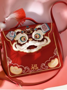 Awakening Lion Mahjong Series Exquisite Good Luck Fortune Chinese Style Cute Stuffed Lion Embroidery Crossbody Bag