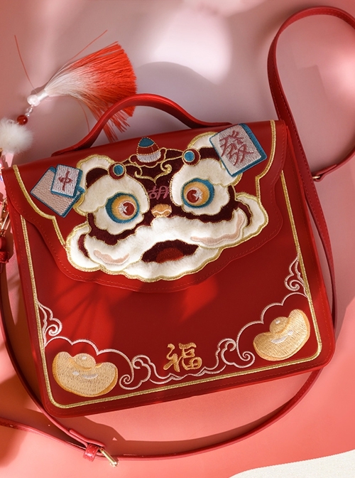 Awakening Lion Mahjong Series Exquisite Good Luck Fortune Chinese Style Cute Stuffed Lion Embroidery Crossbody Bag
