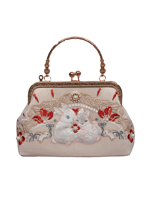 Camellia Rabbit Series Apricot New Chinese Style Sweet Cute Bunny Embroidery Elegant Pearl Classic Lolita Bag