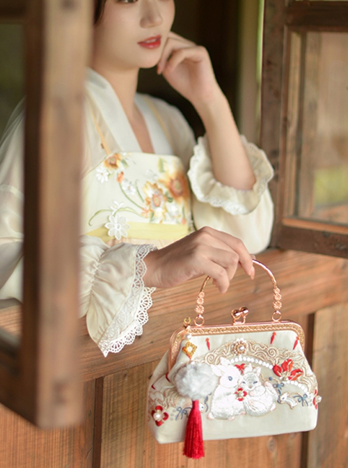 Camellia Rabbit Series Apricot New Chinese Style Sweet Cute Bunny Embroidery Elegant Pearl Classic Lolita Bag