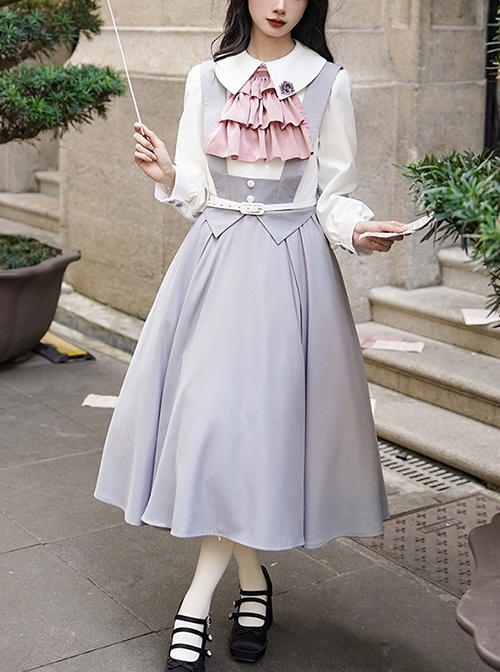 Marsha College Series Pink Gray Cute Sweet School Lolita Fake Two Pieces Long Sleeves Suspender Dress