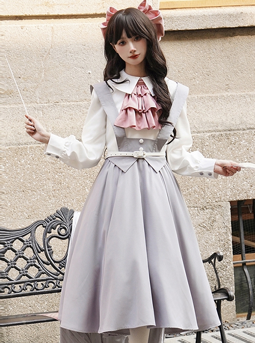 Marsha College Series Pink Gray Cute Sweet School Lolita Fake Two Pieces Long Sleeves Suspender Dress