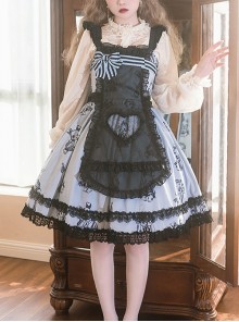 Puppet Rabbit Series Blue Black Lace Heart Hollow Apron Satin Print Striped Bowknot Sweet Lolita Sleeveless Dress