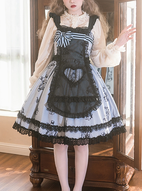 Puppet Rabbit Series Blue Black Lace Heart Hollow Apron Satin Print Striped Bowknot Sweet Lolita Sleeveless Dress