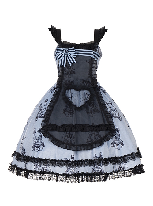 Puppet Rabbit Series Blue Black Lace Heart Hollow Apron Satin Print Striped Bowknot Sweet Lolita Sleeveless Dress