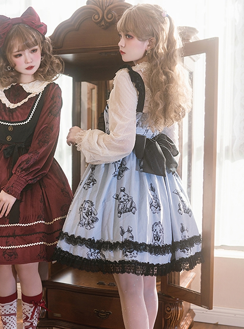 Puppet Rabbit Series Blue Black Lace Heart Hollow Apron Satin Print Striped Bowknot Sweet Lolita Sleeveless Dress