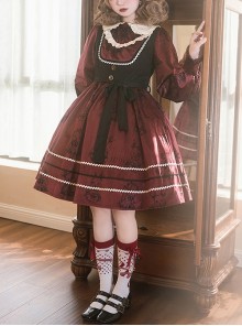 Puppet Rabbit Series Velvet Red Black Doll Collar Lace Fake Two Pieces Sweet Lolita Lantern Sleeves Dress