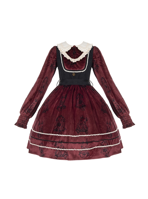 Puppet Rabbit Series Velvet Red Black Doll Collar Lace Fake Two Pieces Sweet Lolita Lantern Sleeves Dress