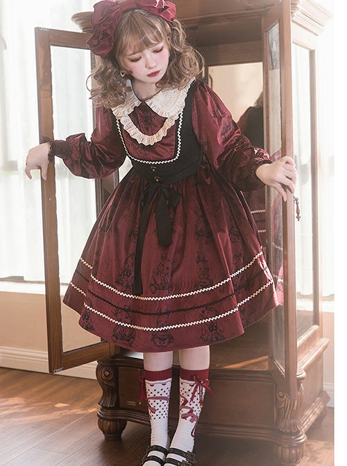 Puppet Rabbit Series Velvet Red Black Doll Collar Lace Fake Two Pieces Sweet Lolita Lantern Sleeves Dress