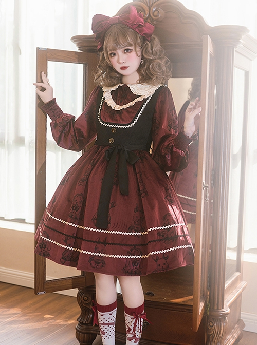 Puppet Rabbit Series Velvet Red Black Doll Collar Lace Fake Two Pieces Sweet Lolita Lantern Sleeves Dress