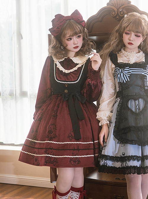 Puppet Rabbit Series Velvet Red Black Doll Collar Lace Fake Two Pieces Sweet Lolita Lantern Sleeves Dress