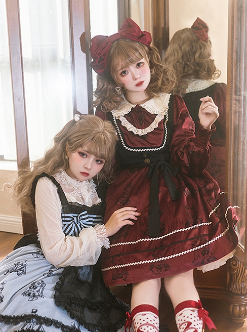 Puppet Rabbit Series Velvet Red Black Doll Collar Lace Fake Two Pieces Sweet Lolita Lantern Sleeves Dress