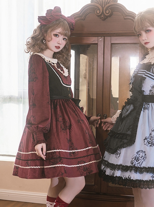 Puppet Rabbit Series Velvet Red Black Doll Collar Lace Fake Two Pieces Sweet Lolita Lantern Sleeves Dress