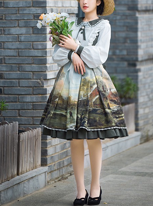 Glimmer Series French Beautiful Oil Painting Pattern Pastoral Style Retro Classic Lolita Long Sleeves Dress