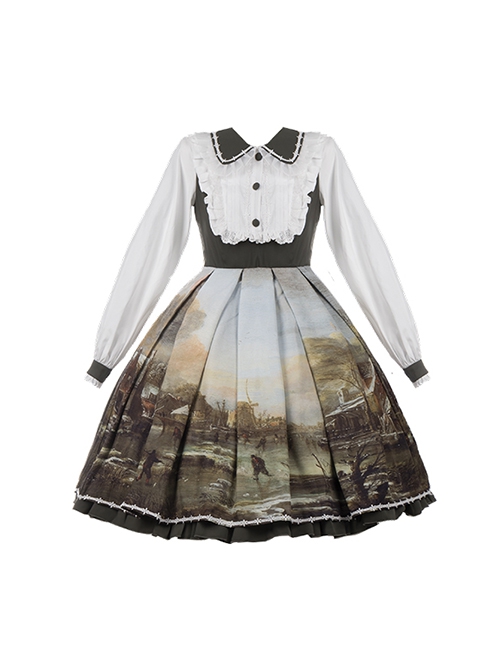 Glimmer Series French Beautiful Oil Painting Pattern Pastoral Style Retro Classic Lolita Long Sleeves Dress