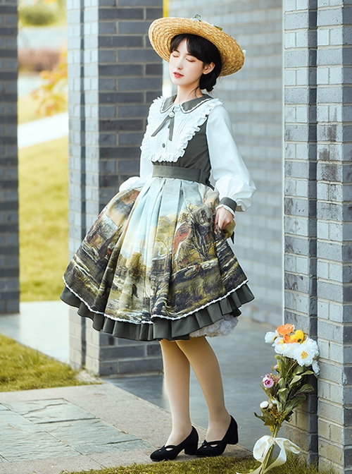 Glimmer Series French Beautiful Oil Painting Pattern Pastoral Style Retro Classic Lolita Long Sleeves Dress