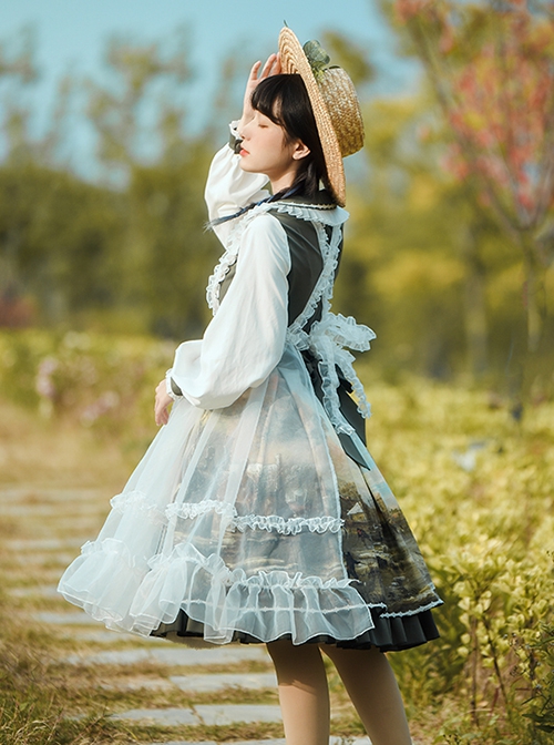 Glimmer Series French Beautiful Oil Painting Pattern Pastoral Style Retro Classic Lolita Long Sleeves Dress