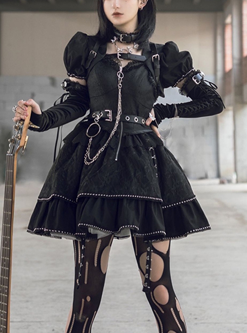 Imprisonment Song Series Silver Chain Leather Belt Sweet Cool Dark Black Punk Gothic Lolita Vest Puff Sleeves Dress Set