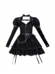 Imprisonment Song Series Silver Chain Leather Belt Sweet Cool Dark Black Punk Gothic Lolita Vest Puff Sleeves Dress Set