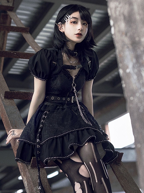 Imprisonment Song Series Silver Chain Leather Belt Sweet Cool Dark Black Punk Gothic Lolita Vest Puff Sleeves Dress Set