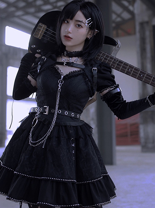 Imprisonment Song Series Silver Chain Leather Belt Sweet Cool Dark Black Punk Gothic Lolita Vest Puff Sleeves Dress Set