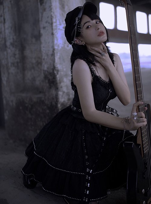 Imprisonment Song Series Silver Chain Leather Belt Sweet Cool Dark Black Punk Gothic Lolita Vest Puff Sleeves Dress Set