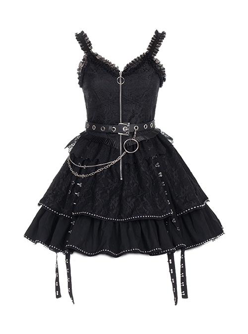 Imprisonment Song Series Silver Chain Leather Belt Sweet Cool Dark Black Punk Gothic Lolita Vest Puff Sleeves Dress Set