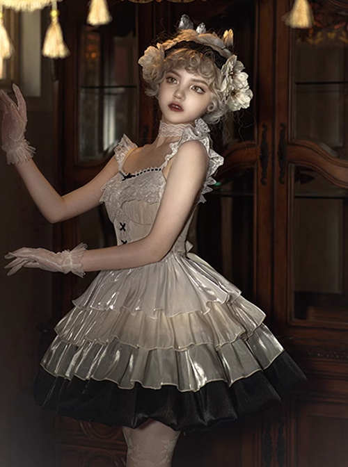 Paris Sunset Series French Ballet Fishbone Small Flying Sleeves Lace Gradient Ambilight Yarn Classic Lolita Dress