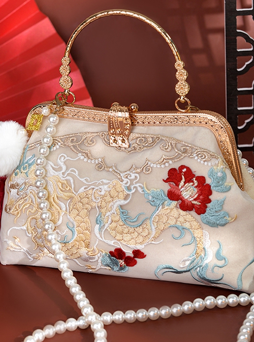 Chinese Dragon Year Good Luck Auspicious Clouds Red Peony Embroidery Pearl Chain Elegant Classic Lolita Bag