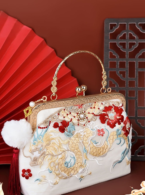 Chinese Dragon Year Good Luck Auspicious Clouds Red Peony Embroidery Pearl Chain Elegant Classic Lolita Bag