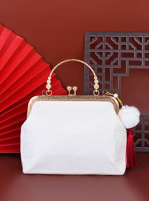 Chinese Dragon Year Good Luck Auspicious Clouds Red Peony Embroidery Pearl Chain Elegant Classic Lolita Bag