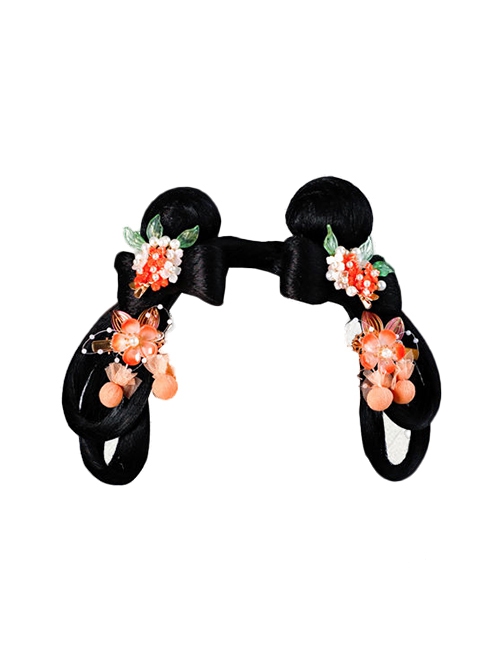 Integrated Lazy Hairband Beautiful Orange Pink Pomegranate Flower Hairpin Chinese Style Classic Lolita Hair Bun Wig Hairband